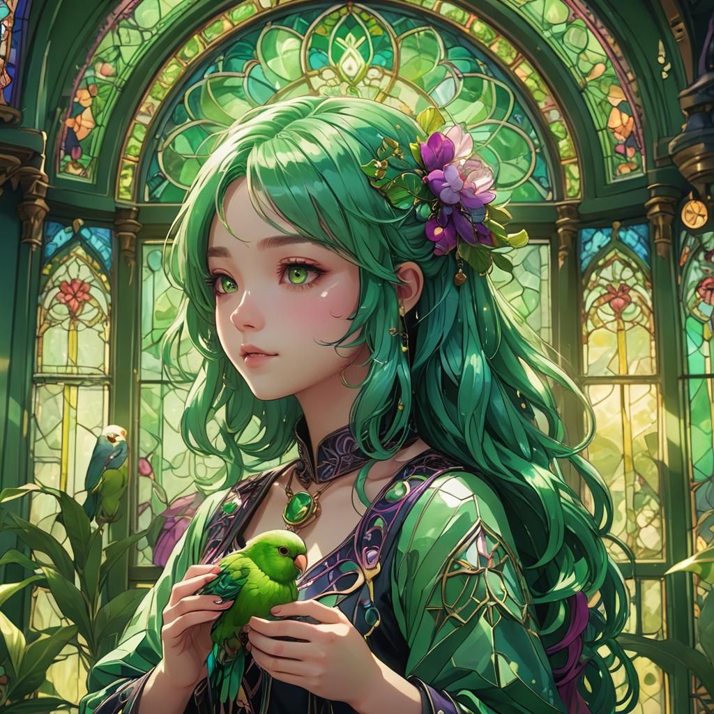 Kawaii Anime Girl with Green Parakeet