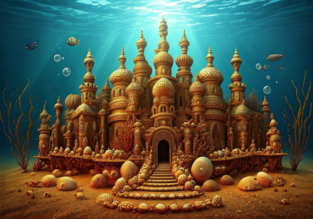 Shimmering Underwater Sand Palace with Seashells