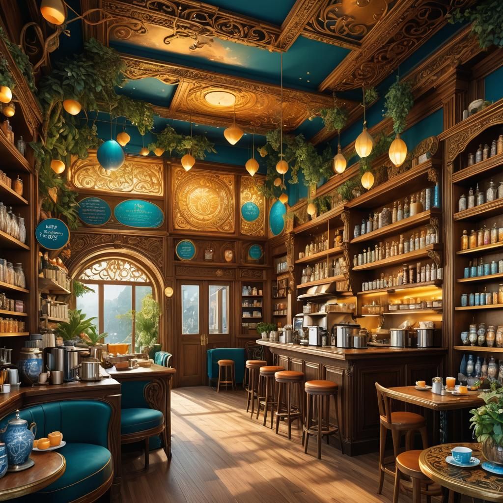 Dreamlike Cafe App UI with Mythical Elements