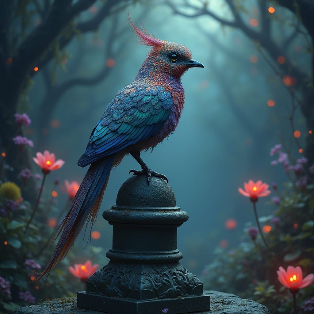Iridescent Bird in Mystical Garden, Art Nouveau Style
