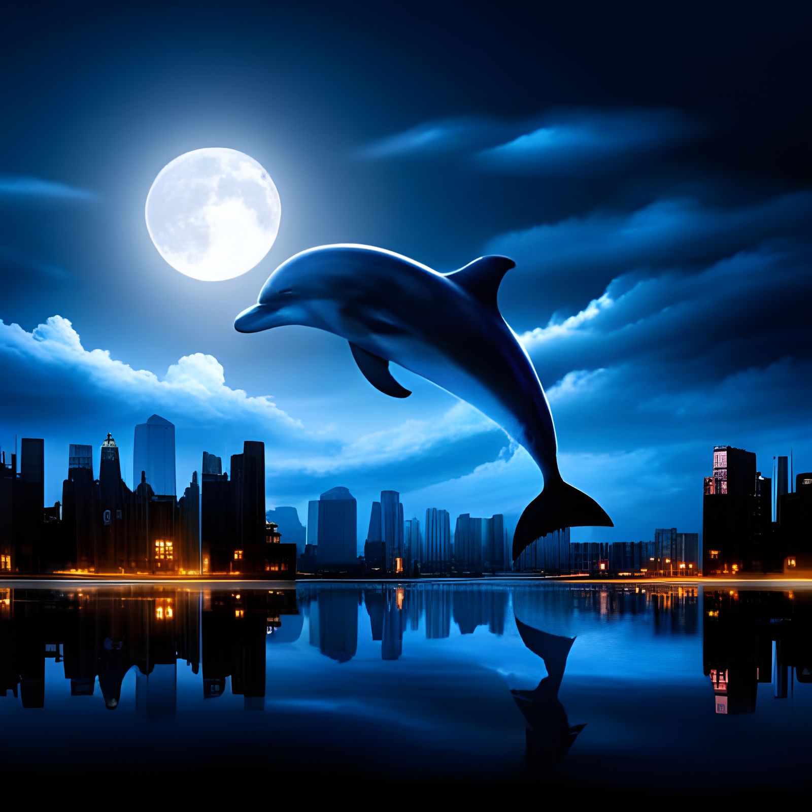 Blue Moons over Riverside Cityscape with Leaping Dolphins