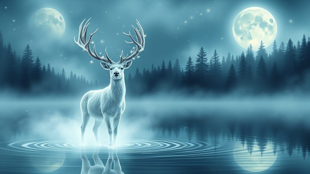 Bioluminescent White Stag on Moonlit Lake