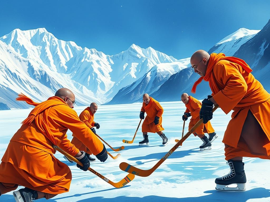 Monks Play Hockey in the Himalayas: Digital Artwork