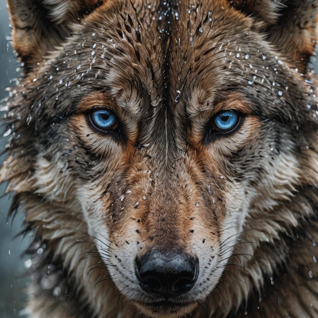 Wolf Face in Rain: Macro Photorealistic Close-Up