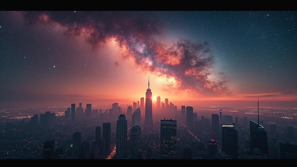 Distant Cityscape Silhouetted Against Starry Galaxy