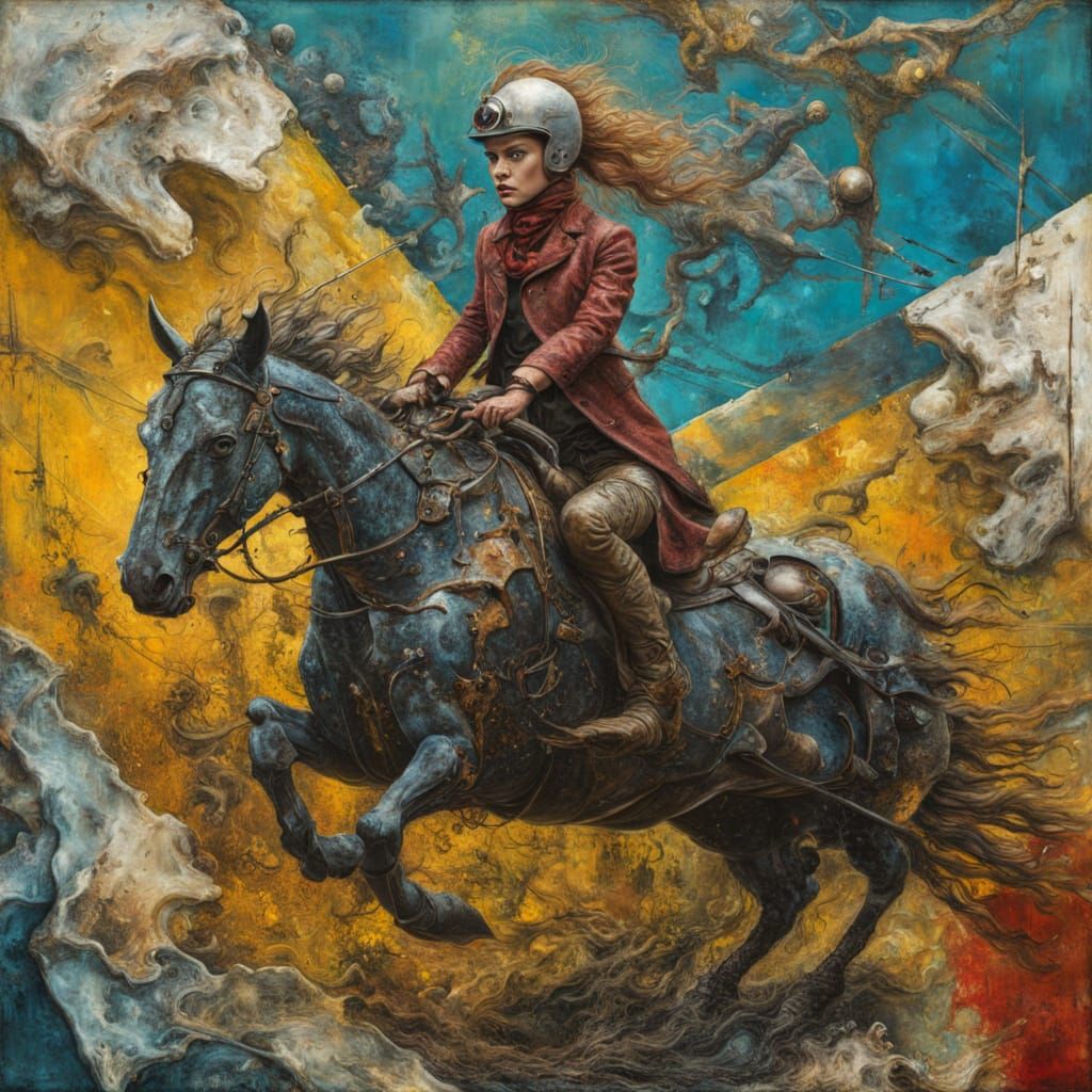 Apocalyptic Rider in Vibrant Surreal Encaustic Art