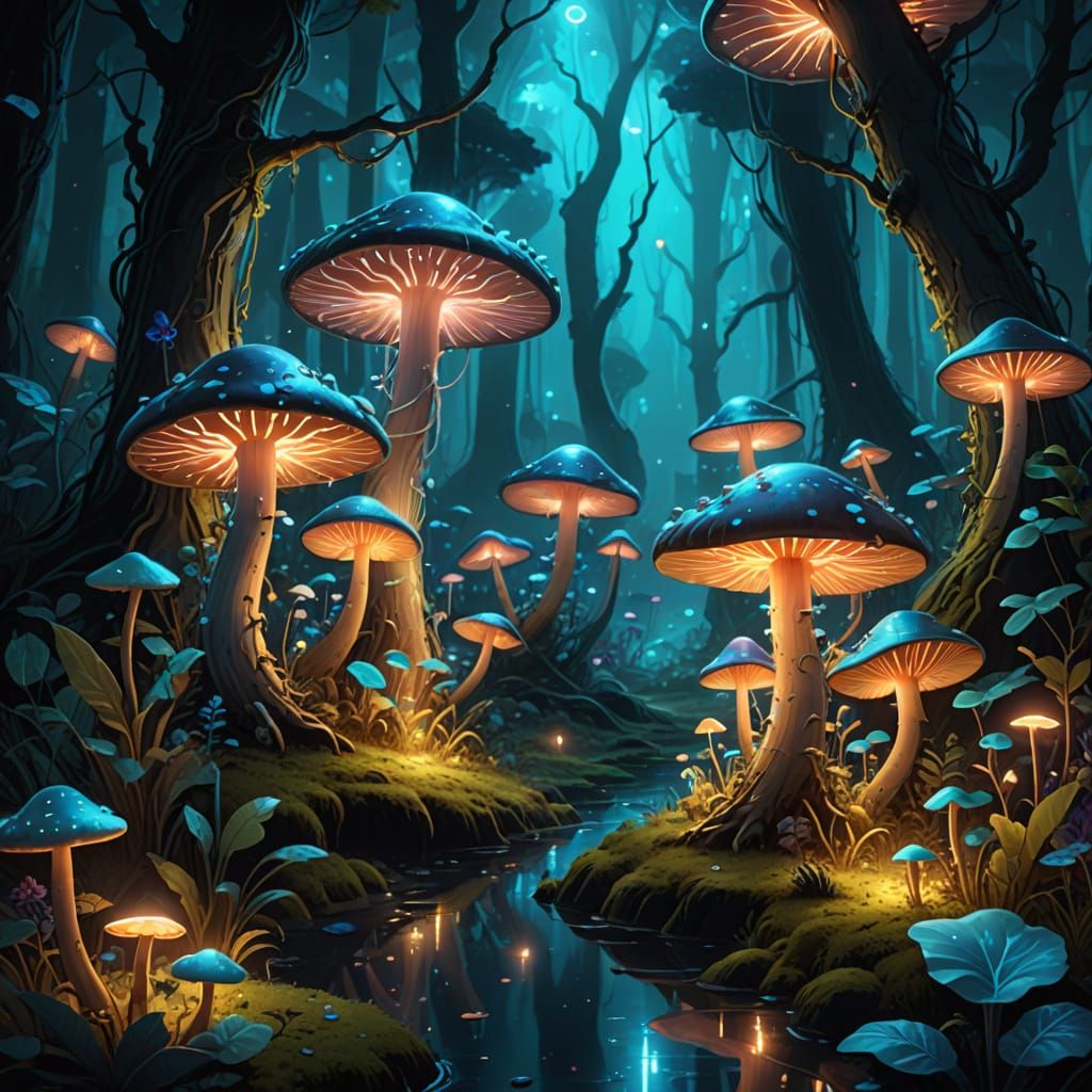 Bioluminescent Mushroom Forest with Dancing Fairies