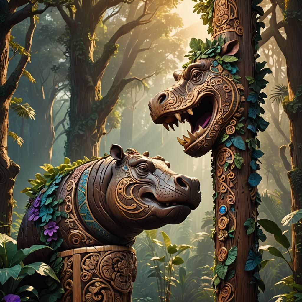 Majestic Wooden Hippo Totem in Art Nouveau Style