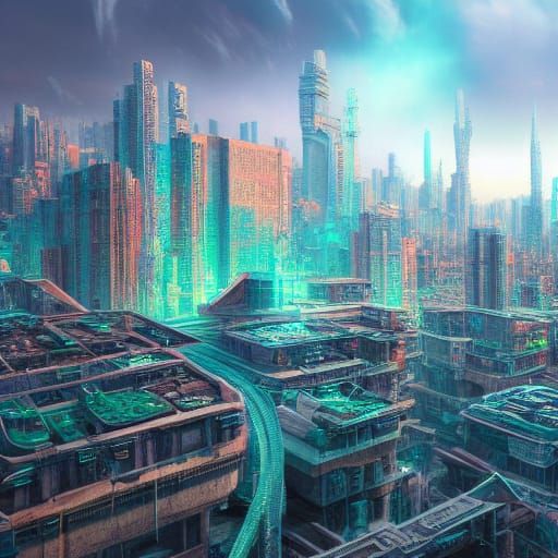 Detailed Cassettepunk City in Digital Matte Painting Style