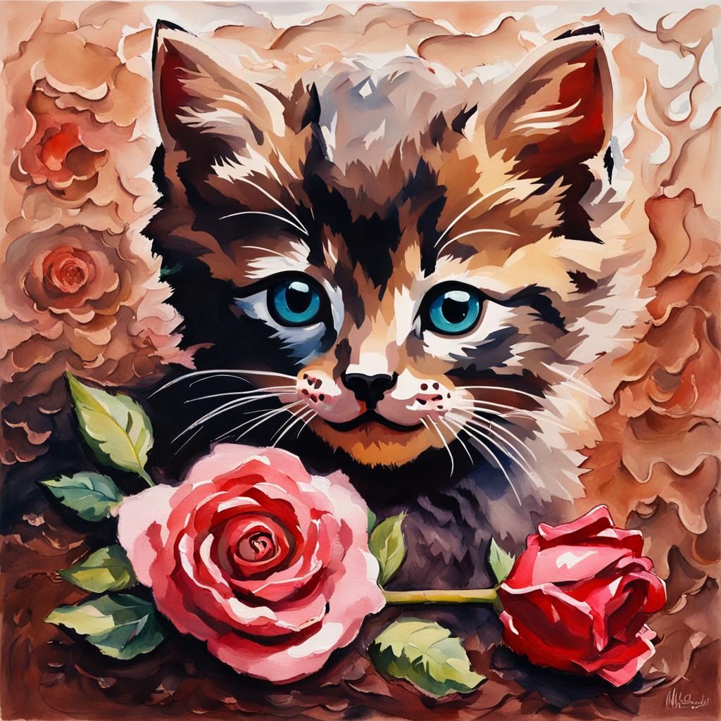Chocolate Kitten with Rose in Gouache Style