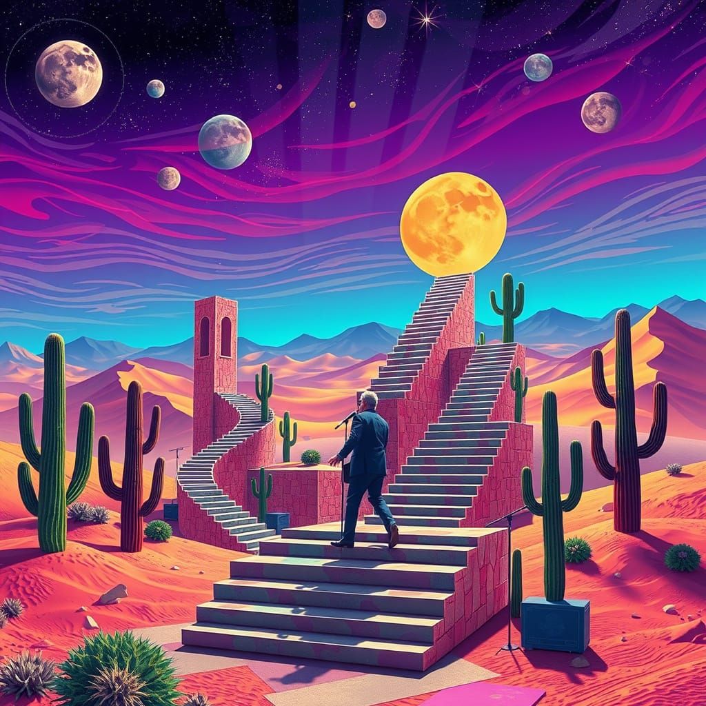 Surreal Stage Performance with Impossible Staircases and Geo...