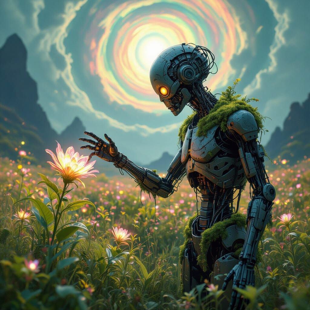 Decaying Cyborg in Bioluminescent Alien Landscape