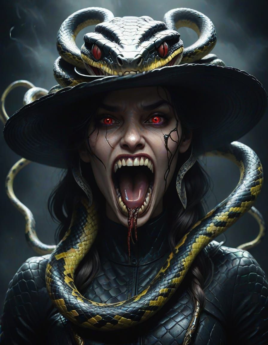 Terrifying Woman With Living Snake Hat
