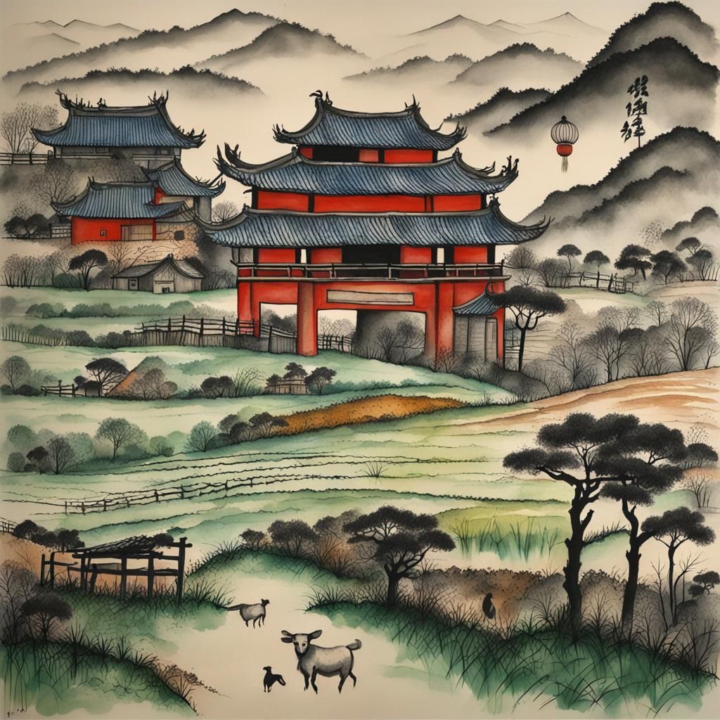 Idyllic Farm Scene in Chinese Folk Art Style