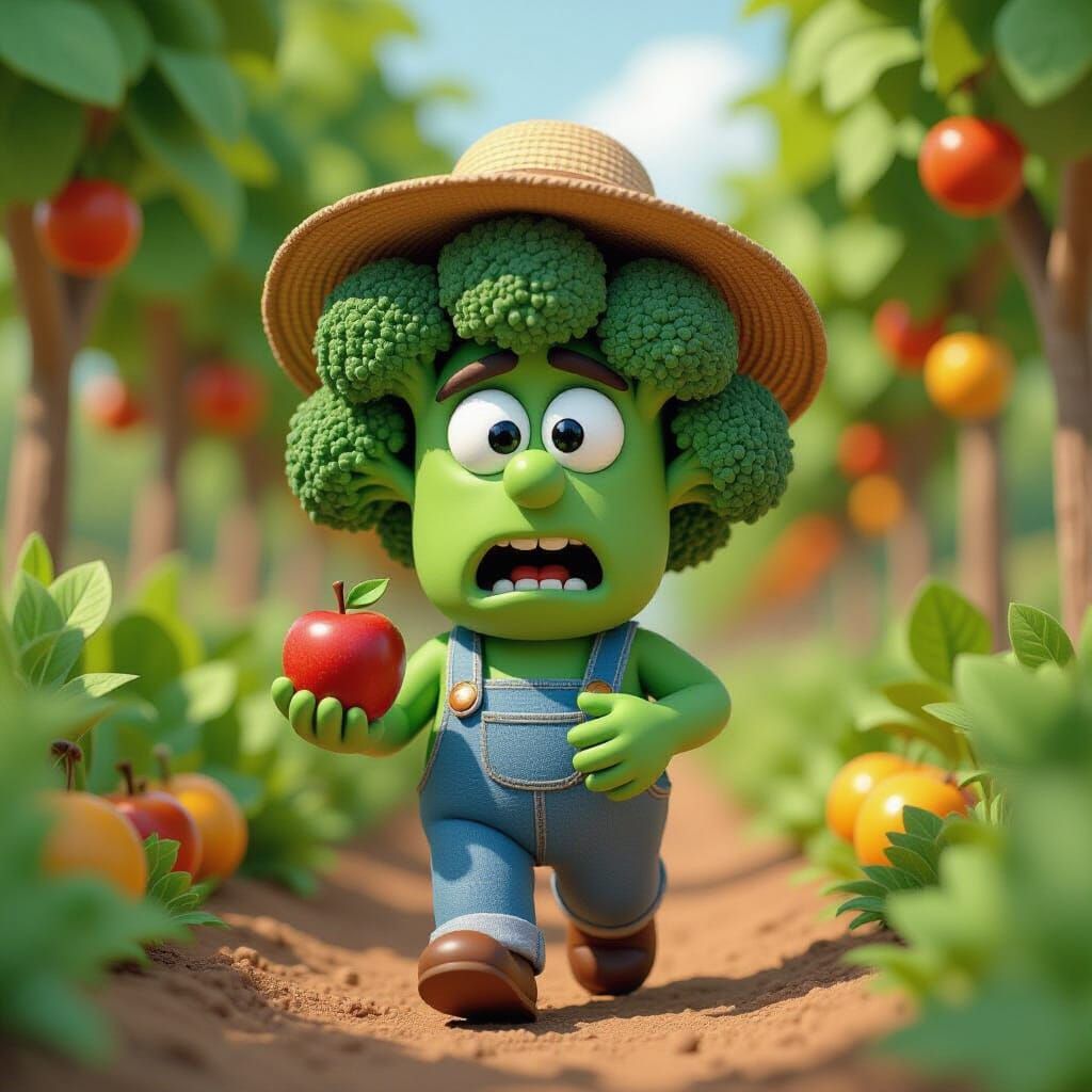 Claymation Broccoli Character in Garden Holding Apple