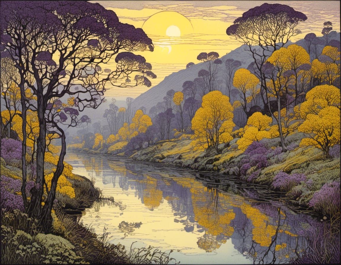 Dreamy River Landscape in Vibrant Yellow and Purple