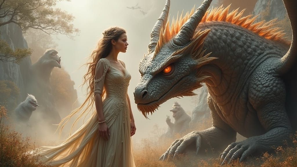 Futuristic Dragon with Characters in Ethereal Fantasy Style