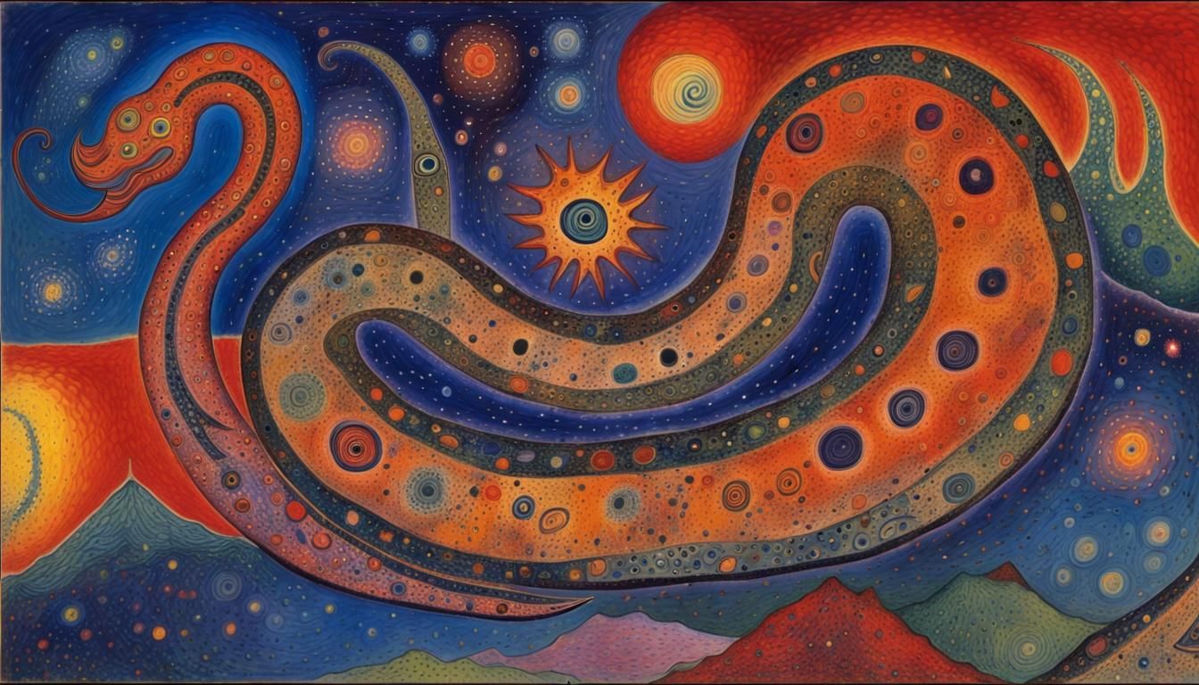 Vibrant Avanyu Serpent in Starry Sky, Inspired by Chagall