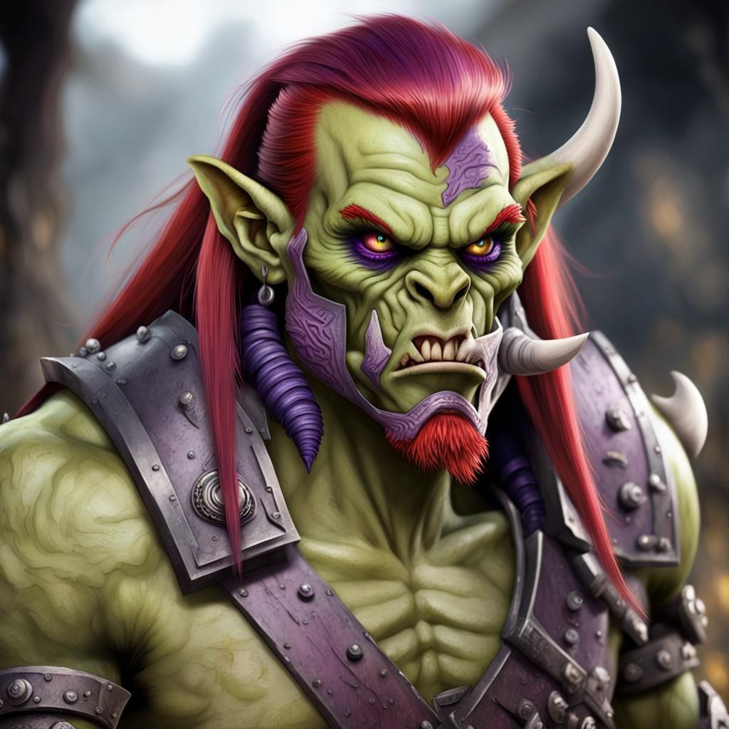 Half-Orc with Green Skin, Red Hair, Tusks