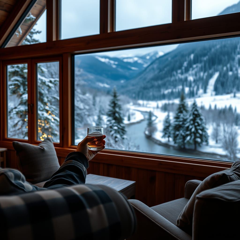 Cozy Whisky Moment in Scottish Cabin with Breathtaking Winte...