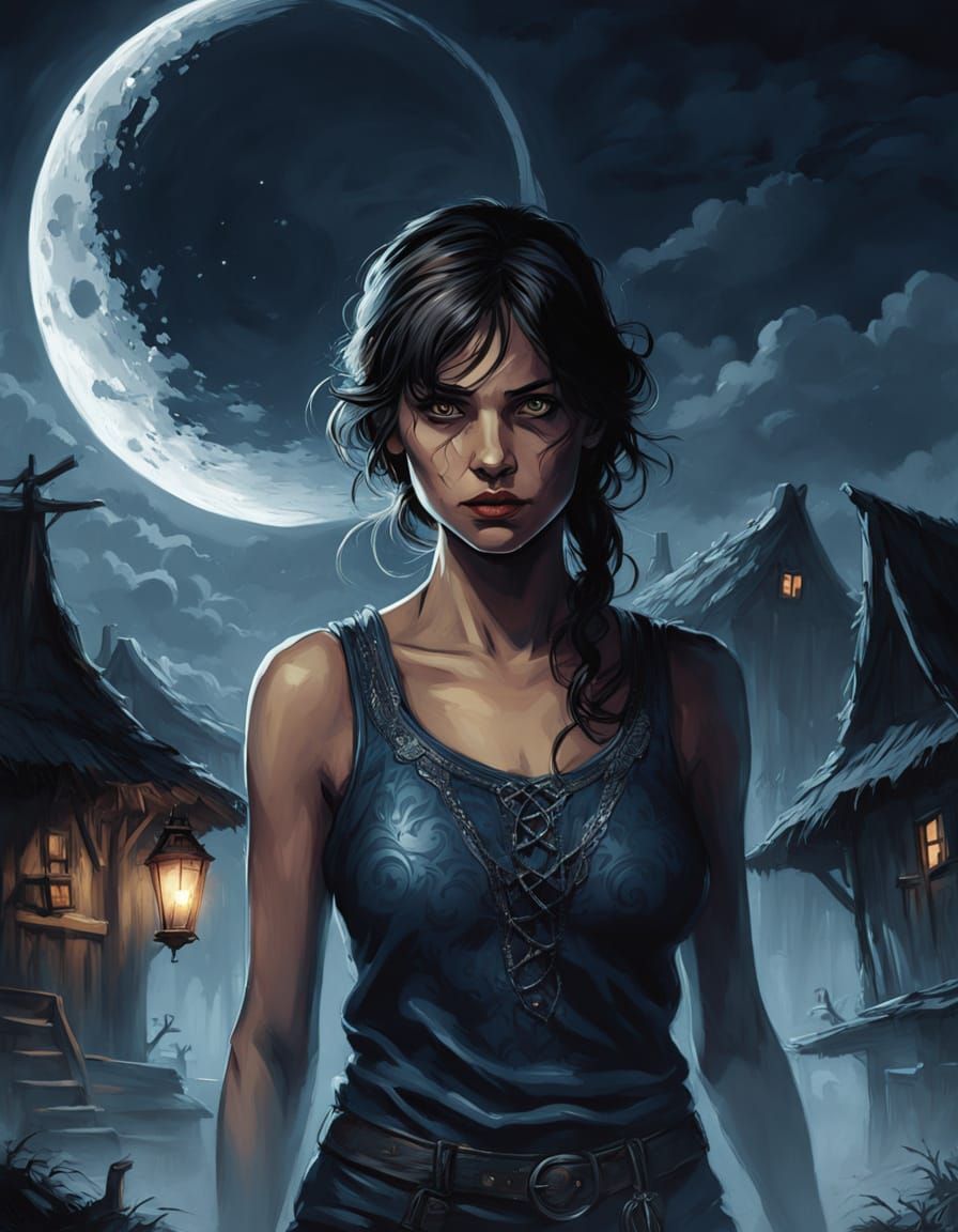 Regal Woman in Midnight Blue Amidst Medieval Village Under U...