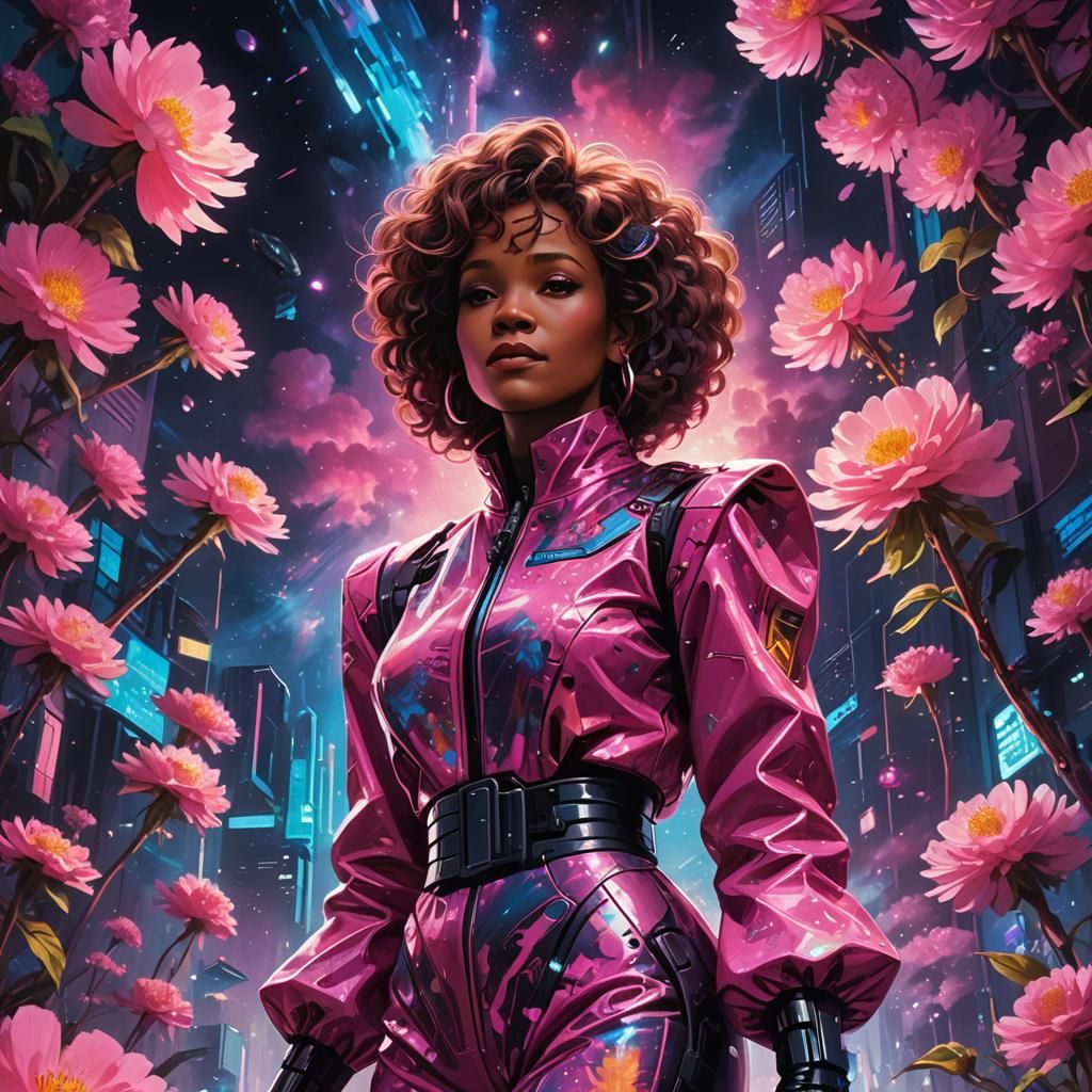 Cyberpunk Galaxy: Woman in Pink Galaxy with Glowing Flowers