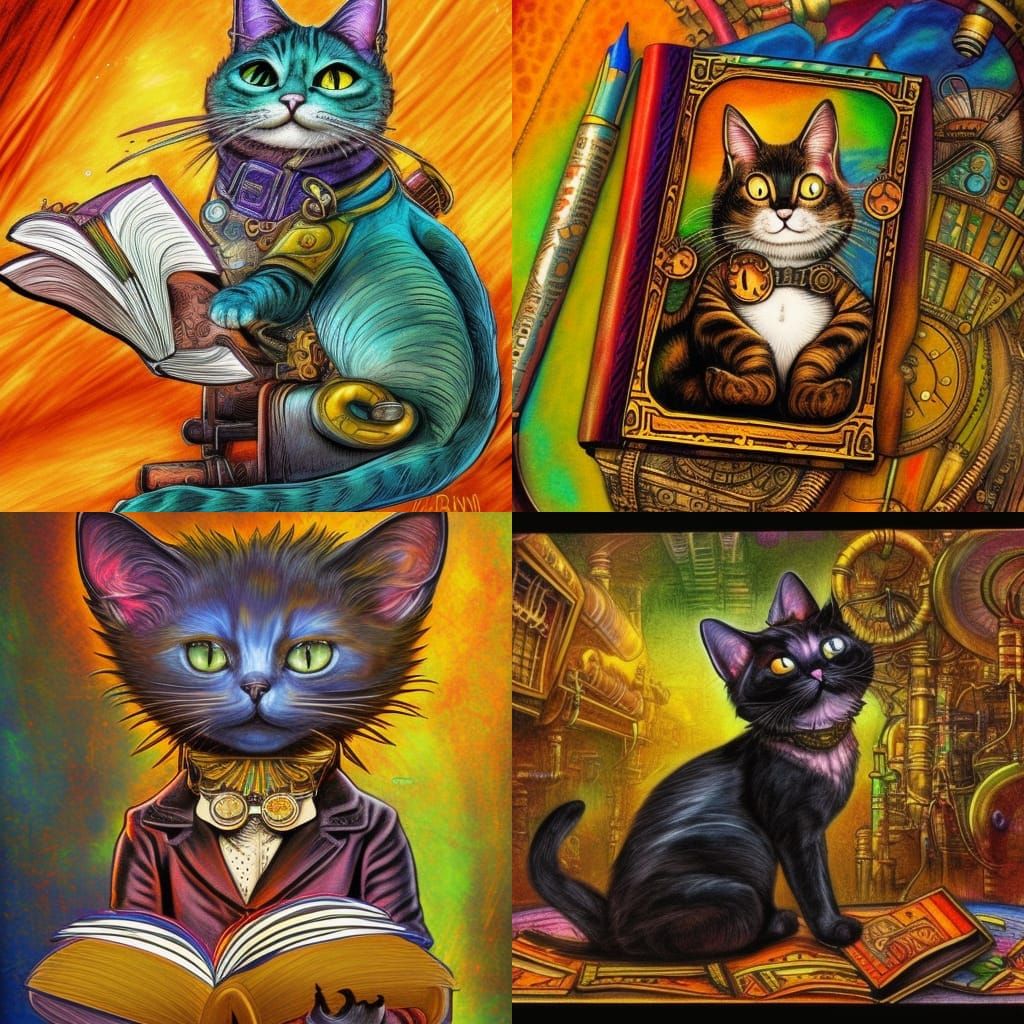 Steampunk Feline Scholar in Crayon Brilliance
