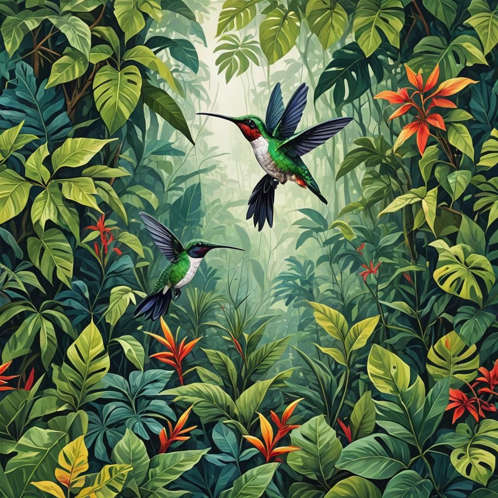 Hummingbird in Lush Tropical Rainforest Abstract Art
