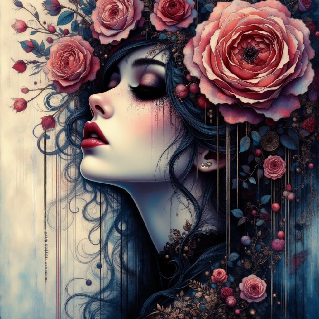 Ethereal Watercolor of Woman in Rose Rain