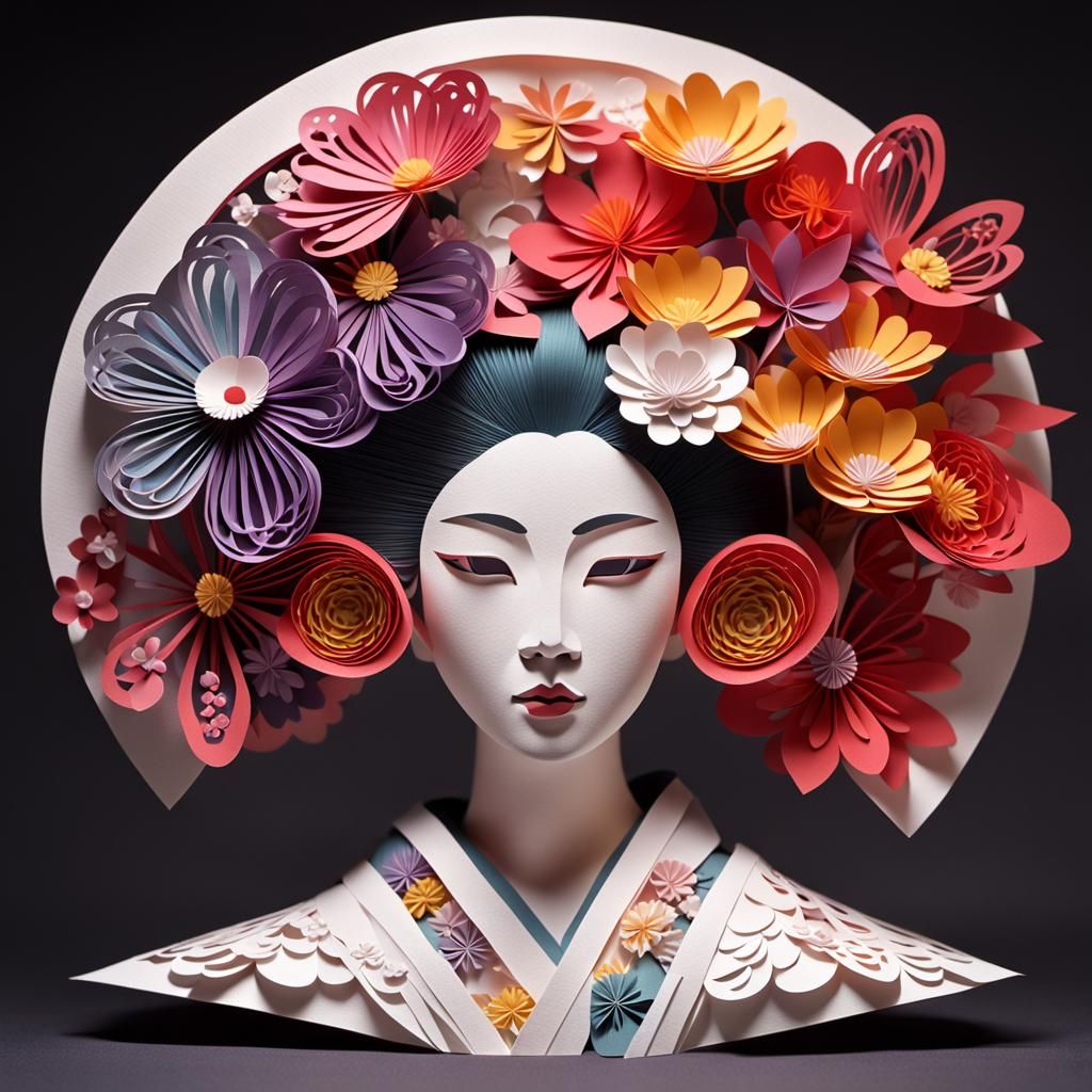 Kirigami Sculpture: Geisha with Flowers
