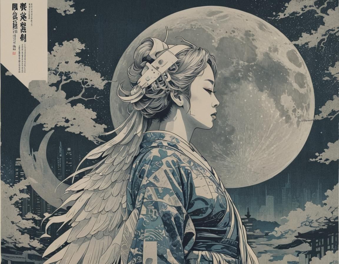 Cyberpunk Neo-Tokyo Moon in Ukiyo-e Style