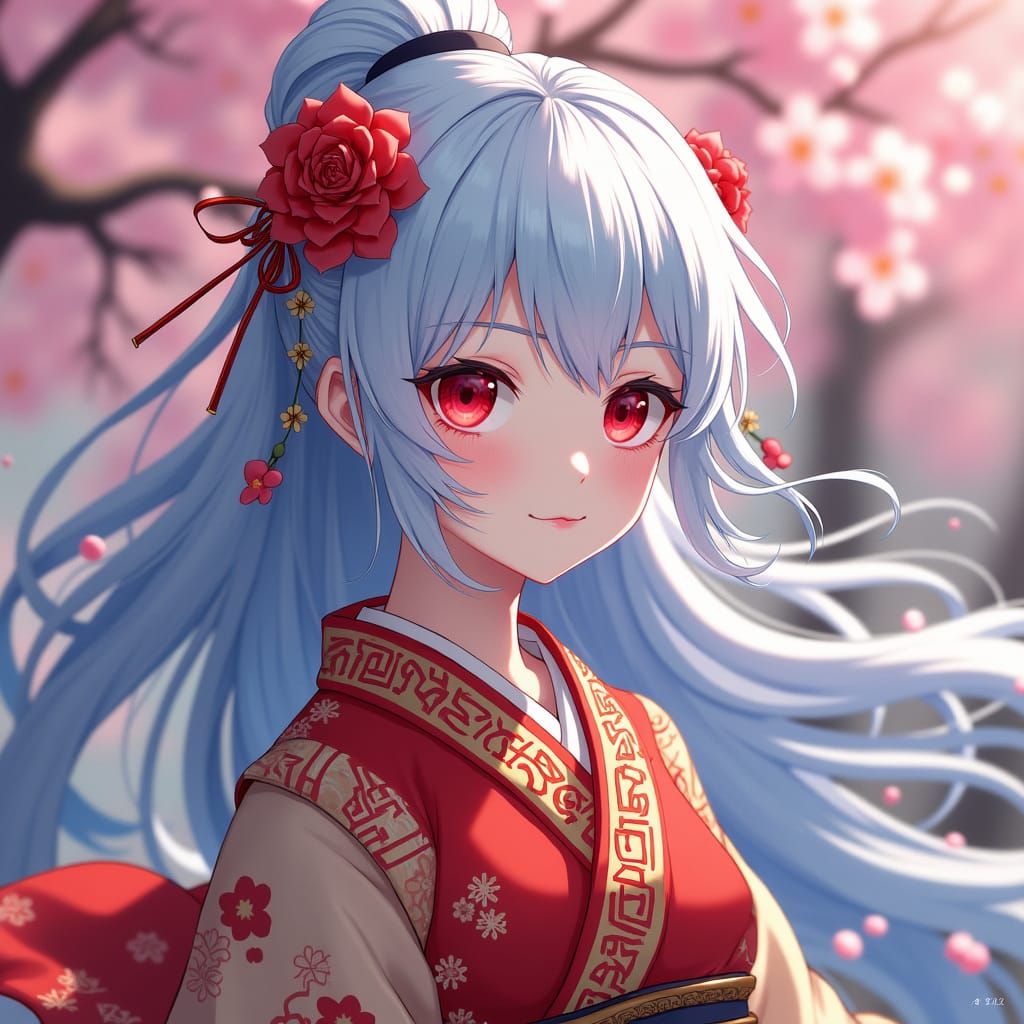 Icy Haired Girl in Japanese Garden, Anime Style
