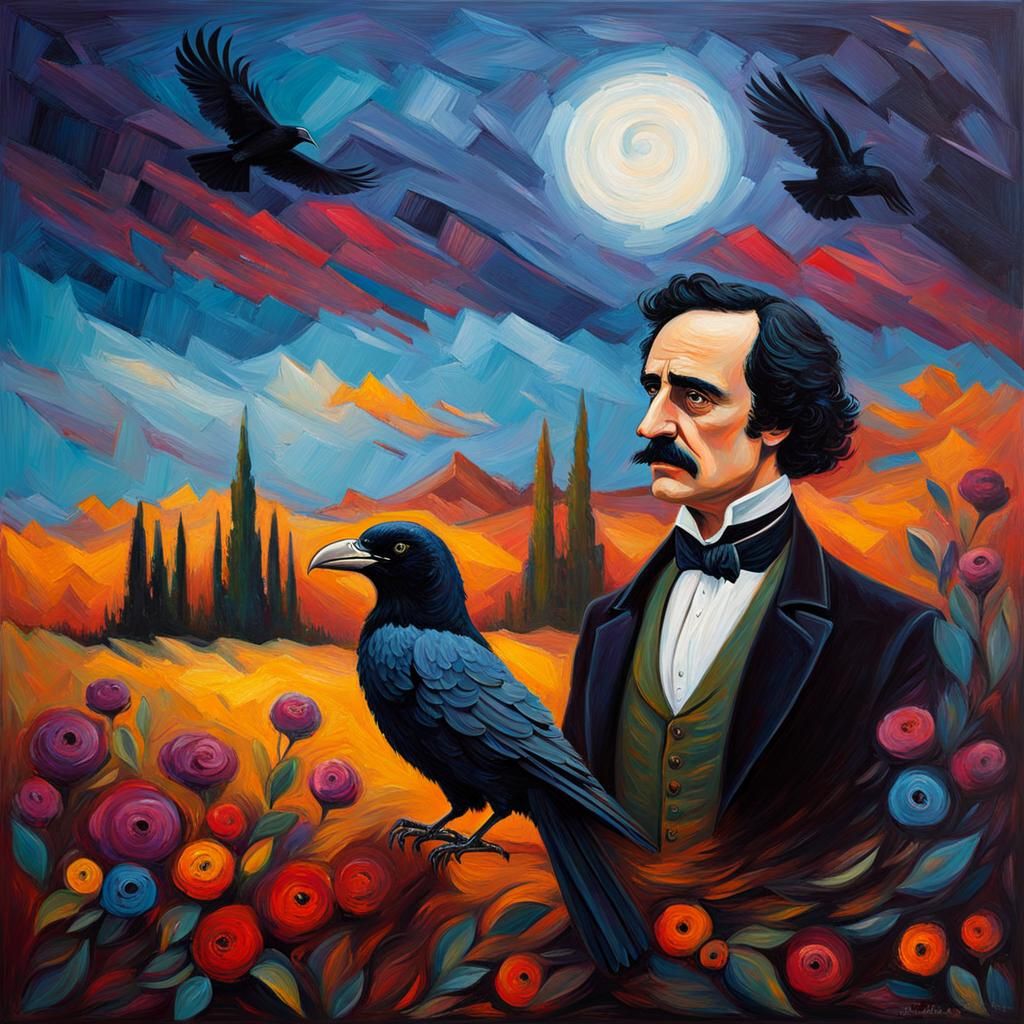 Poe Bust Chatting with Raven in Expressionist Style