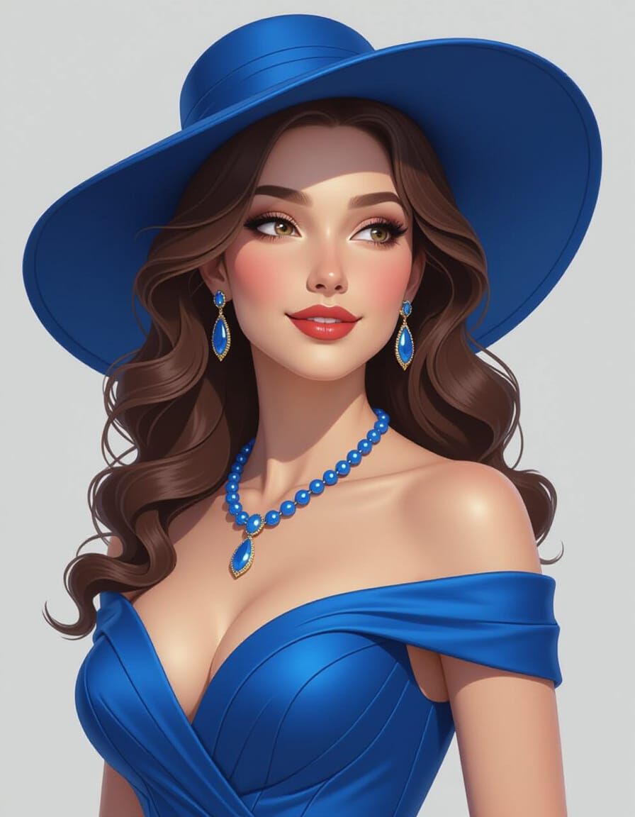 Elegant Lady in Blue Evening Dress and Hat Portrait