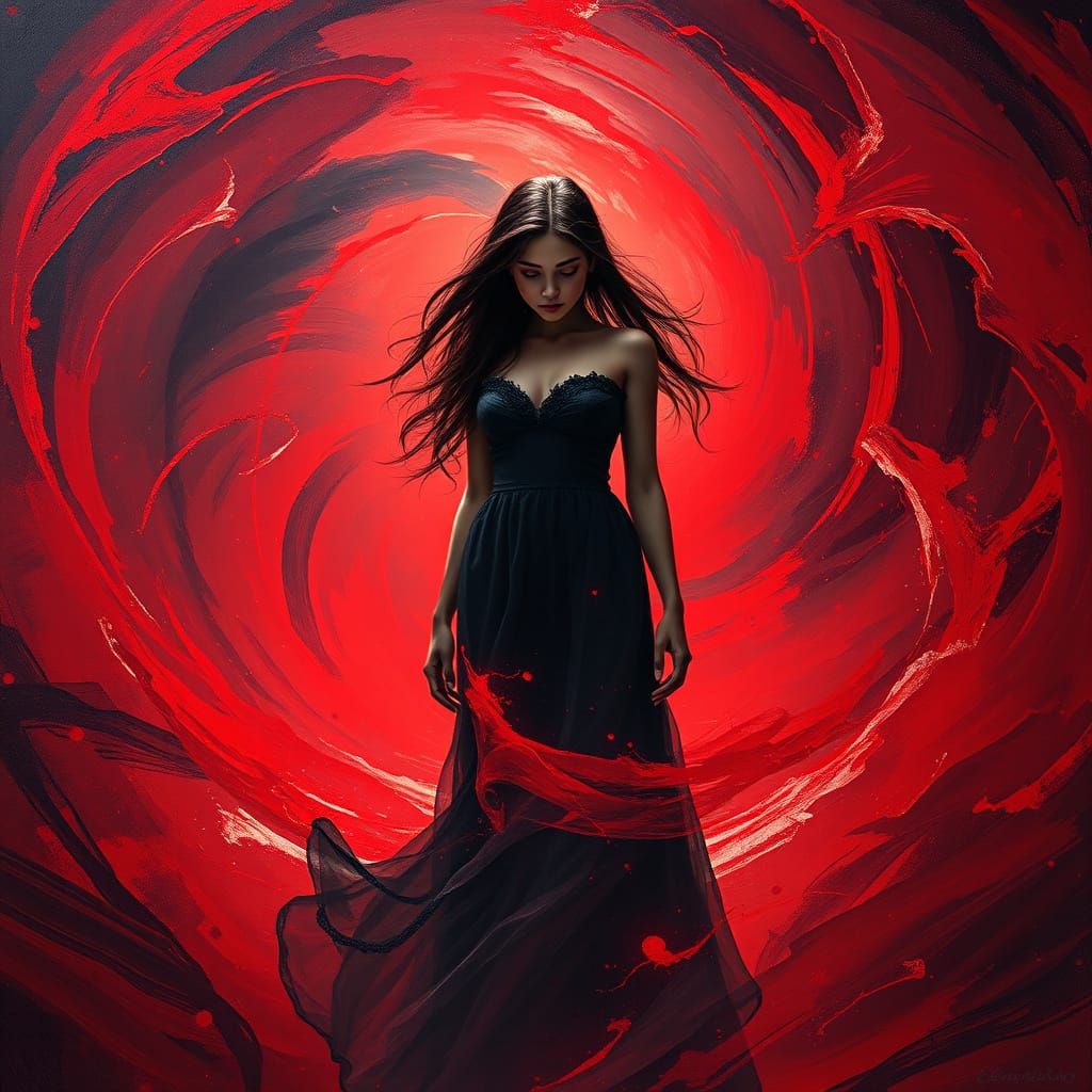 Woman in Crimson Vortex, Oil Canvas Style, Retro Modern Art