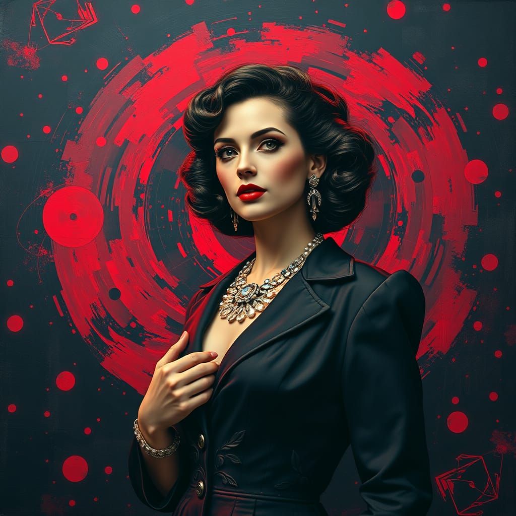 Modern Goddess in 1940s Elegance with Cyberpunk Flair