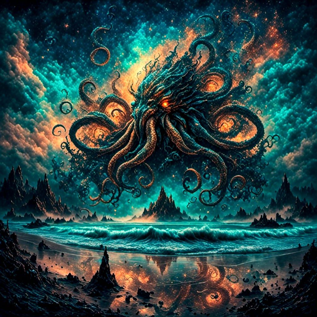 Mythical Kraken Cthulhu Reflected in Lake