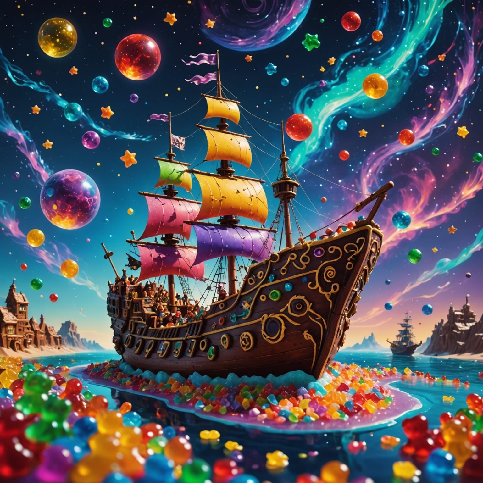 Gingerbread Ship Navigates Candy Sea with Gummy Bear Crew