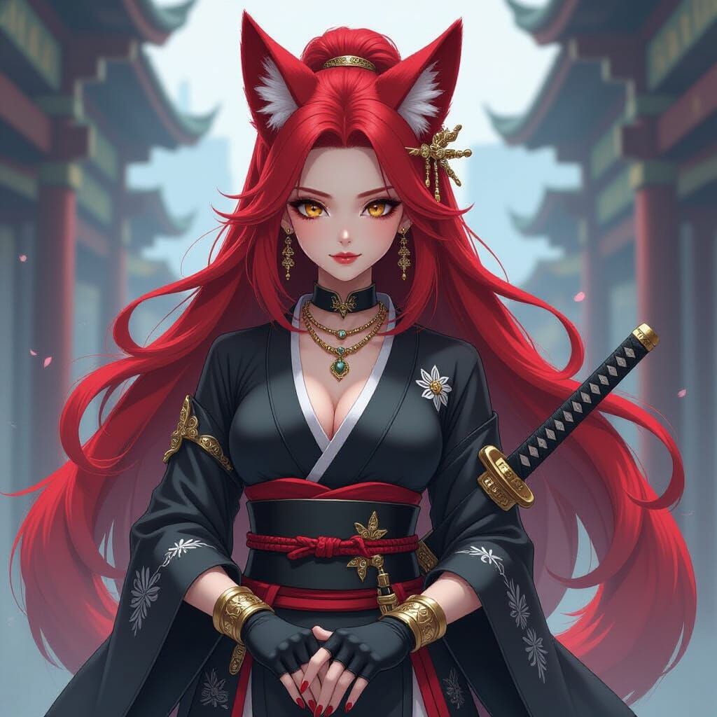 Anime Admiral with Kitsune Ears and Katana in Cyberpunk Styl...
