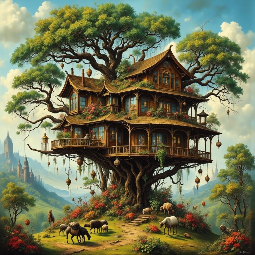 Vibrant Treehouse Among Twisted Trees in a Rough Diamond Lan...