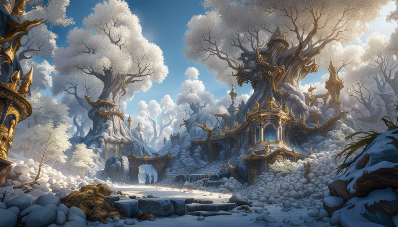 Gold, Blue, and White Forest: Fantasy Concept Art
