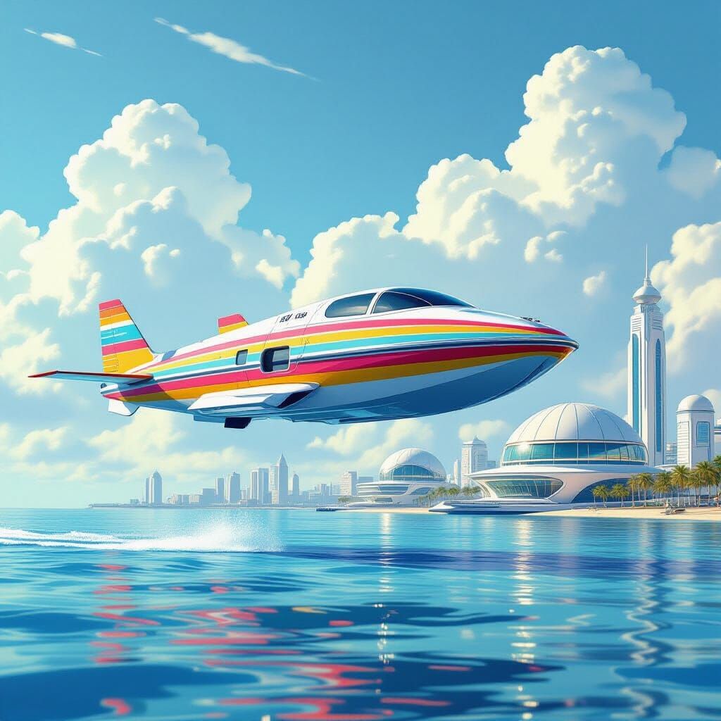 Futuristic Flying Boat Car Near Domed City