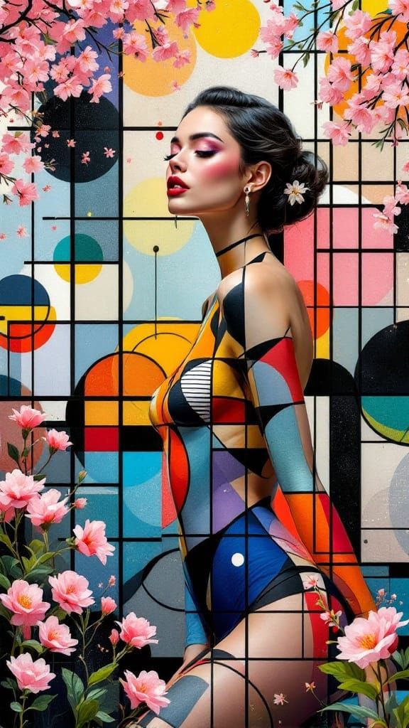 Geometric Figure Study with Retro-Inspired Garden Scene