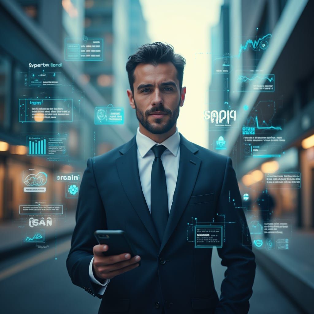 Confident Businessman in Futuristic Cityscape