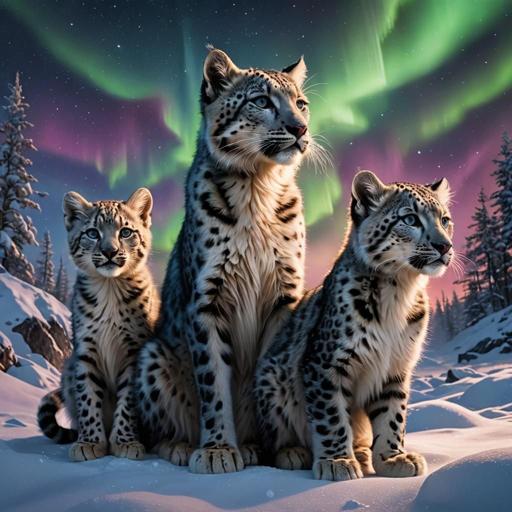 Kittens and Snow Leopards Under Northern Lights