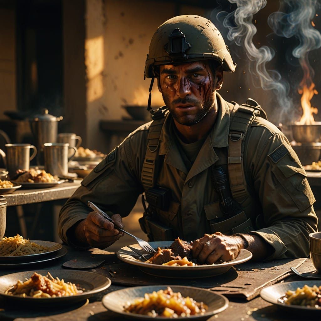 Hyperrealistic Soldier Feeds, Cinematic Still