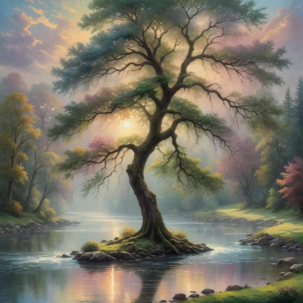 Ethereal River Tree Fantasy in Pastel Oil Painting