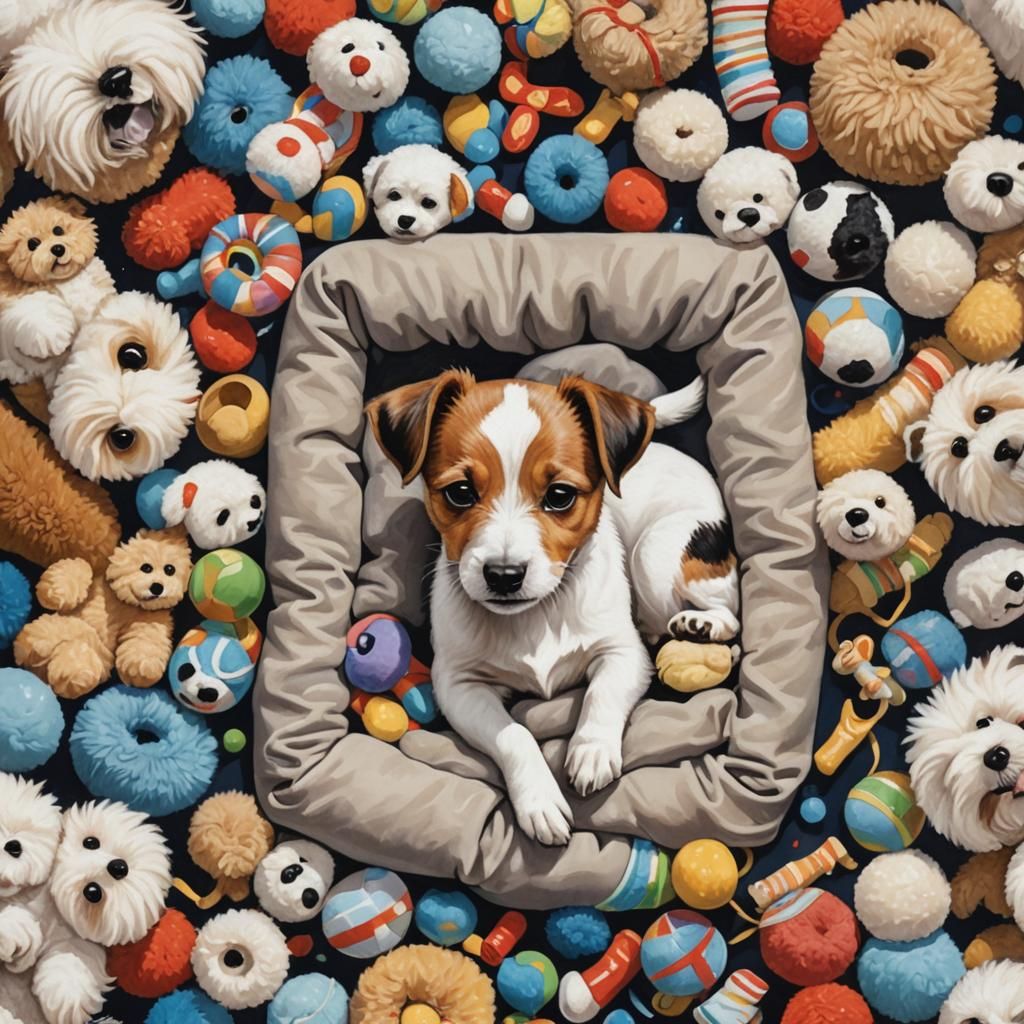 Jack Russell Puppy Cuddling Bichon in Gouache Painting