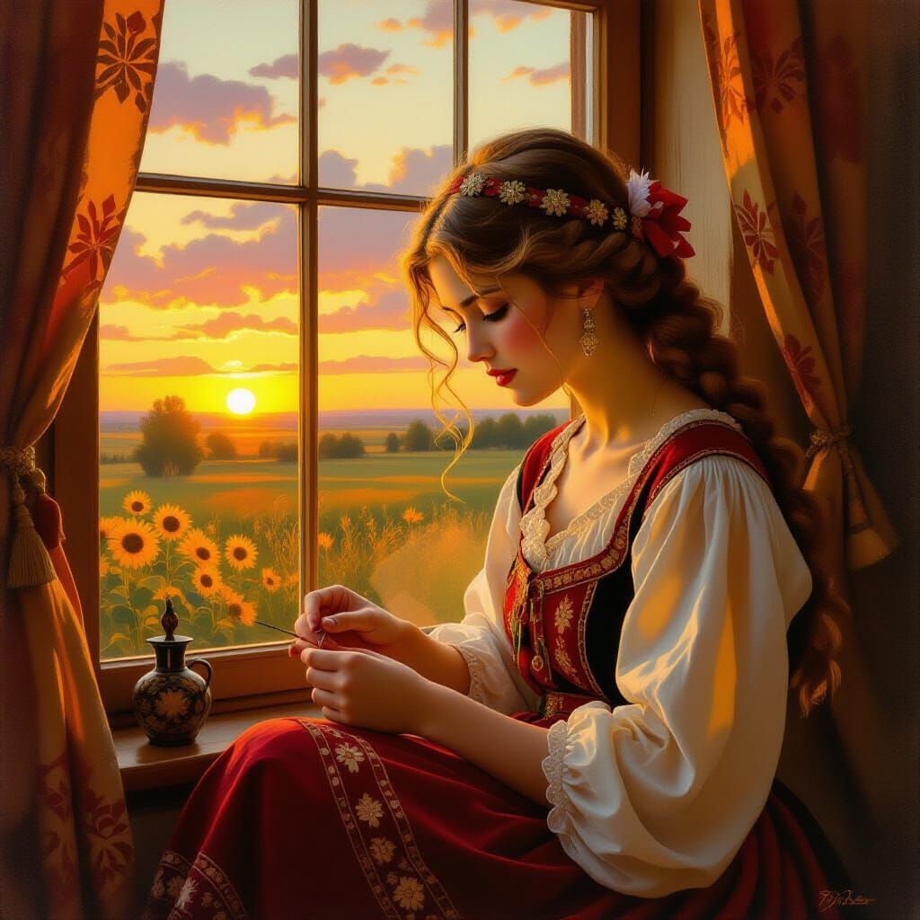 Slavic Woman Doing Needlework by Sunset Window