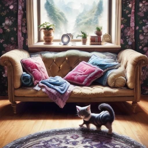 Cozy Cat Nap in Bohemian Living Room
